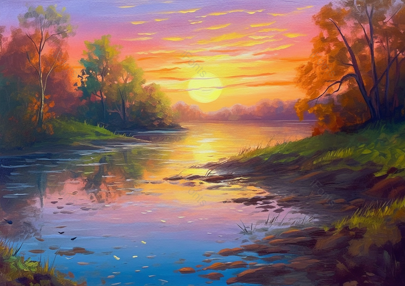 平静秋日傍晚森林河流倒影红色油画,插画/手绘图,插画/手绘图库,插画/手绘图下载,插画/手绘